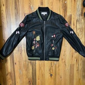 Philosophy Embroidered Black Faux Leather Bomber Jacket